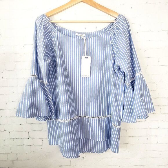 Pleione Off The Shoulder Blue White Striped Top Size S Flutter Bell Sleeve NEW - Picture 1 of 8